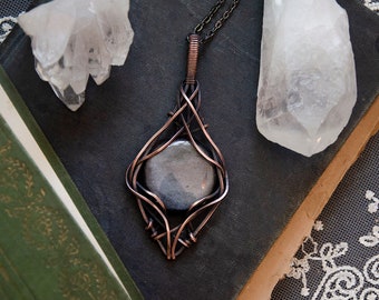 Silver Sheen Obsidian Stone Wire Wrap Pendant Necklace | Antiqued Copper