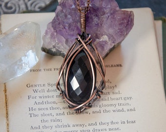 Faceted Black Onyx Stone Filigree Wire Wrap Pendant Necklace | Antiqued Copper