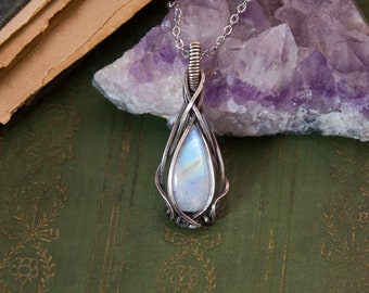 Rainbow Moonstone Wire Wrap Pendant Necklace | Sterling Silver