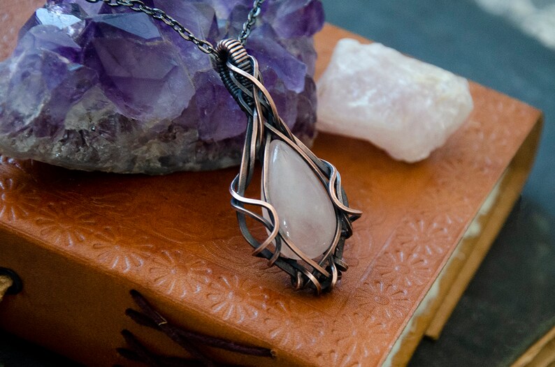 Light Pink Teardrop Rose Quartz Stone Wire Wrap Pendant Necklace Antiqued Copper image 3