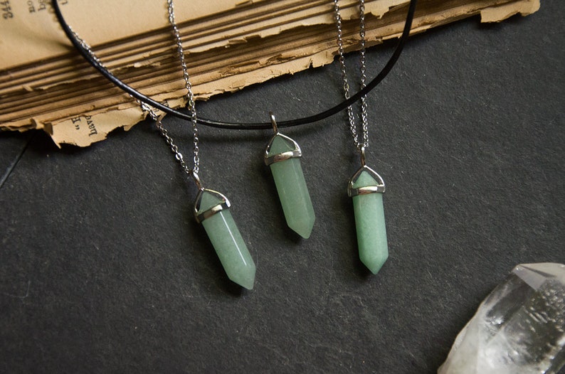 Green Adventurine Hexagonal Crystal Point Pendant Necklace With Stainless Steel Chain Or Leather Cord - Hexagonal Crystal Point Pendant Necklace Green Adventurine Hexagonal Crystal Point Pendant Necklace With Stainless Steel Chain Or Leather Cord - Hexagonal Crystal Point Pendant Necklace