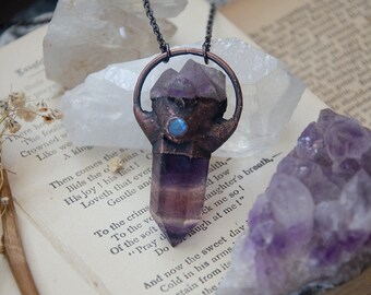 Purple Striped Rainbow Fluorite Polished Crystal Point with Purple Amethyst Crystal Point and Moonstone Necklace | Electroformed Copper