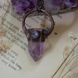 Purple Amethyst Crystal Point with Rainbow Moonstone Accent Stone Necklace | Crystal Necklace | Electroformed Copper