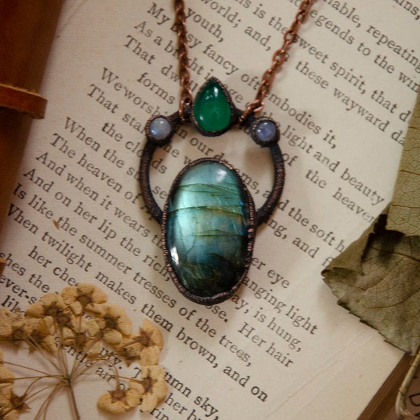 Green Labradorite Necklace with Green Chalcedony and Rainbow Moonstone | Natural Gemstone Jewelry | Electroformed Copper
