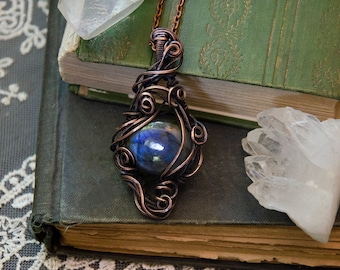Dark Blue Labradorite Stone Filigree Wire Wrap Pendant Necklace | Antiqued Copper