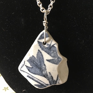 Blue and White Sea pottery pendant on a sterling silver chain