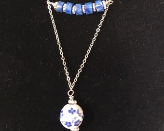 Classic blue and white china bead ona silver chain with insert of gorgeous blue lapis lazuli beads