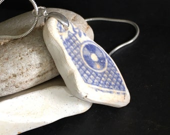 Blue and White Sea pottery pendant with a sterling silver chain