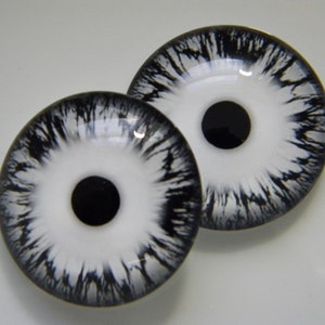 Glass eyes, monster eyes, black-white monster eyes, zombie eyes, black zombie eyes, cabochon eyes, creature eyes.  Choose size from menu.