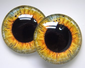 Glass Eyes, large pupil eyes, golden eyes, doll eyes, gold doll eyes, cabochon eyes, owl eyes.  Please choose size from drop-down menu.