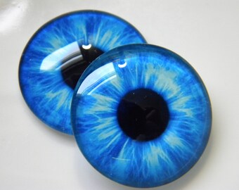 Glass Eyes, blue eyes, doll eyes, blue doll eyes, blue glass eyes, craft eyes, bright  blue eyes.  One Pair 25 mm glass eye cabochons.