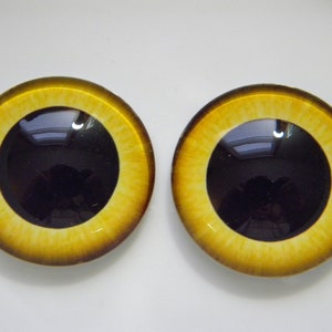 May include: Two large, round, yellow and brown glass eyes with black pupils. The eyes are designed for use in crafts and doll making.