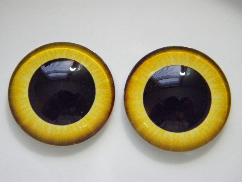 May include: Two large, round, yellow and brown glass eyes with black pupils. The eyes are designed for use in crafts and doll making.