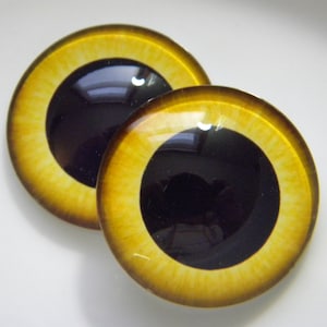 May include: Two large, round, yellow and black plastic eyes with a black pupil. The eyes are designed for use in crafts and doll making.