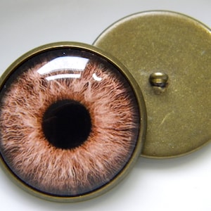 May include: A pair of bronze-colored eye cabochons with a detailed iris pattern in shades of brown and black. One cabochon is attached to a bronze-colored button backing, and the other is separate. These are suitable for crafting.