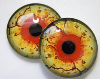 Glass eyes, monster eyes, yellow monster eyes, zombie eyes, yellow zombie eyes, cabochon eyes, creature eyes.  Choose size from menu.