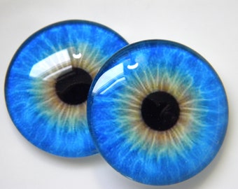 Glass Eyes, blue eyes, doll eyes, blue doll eyes, blue glass eyes, craft eyes, bright  blue eyes.  One Pair 25 mm glass eye cabochons.