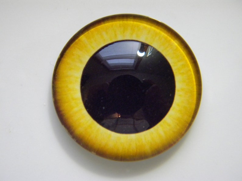 May include: A round, yellow and black glass eye with a black pupil. The eye is designed for use in crafts and doll making.