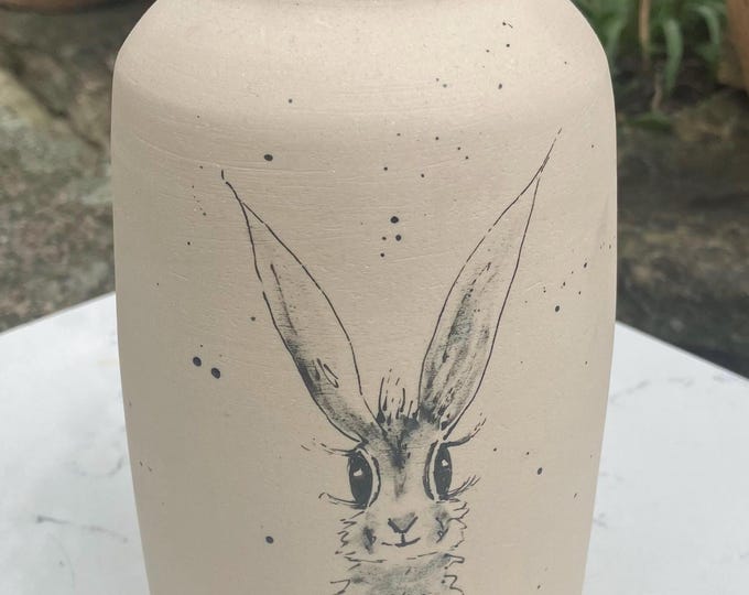 Large handmade wheel thrown stoneware cream coloured vase with hand painted hare design. Vase or decorative item. Free delivery.