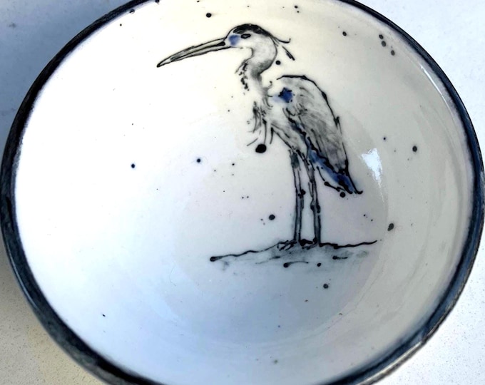 Handmade Ceramic Bowl: Hand Painted Heron Design Cream Colour Trinket Dish