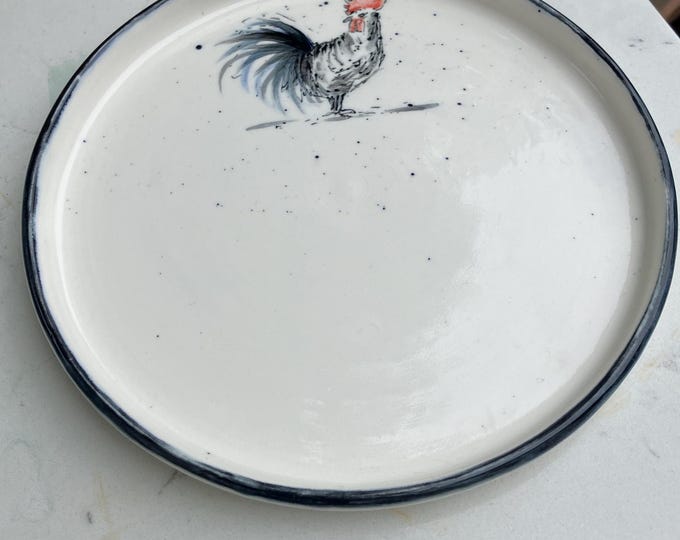 Handmade  Ceramic Side Plate Children’s Plate:  Hand painted Cockerel Design - Decorative Item.