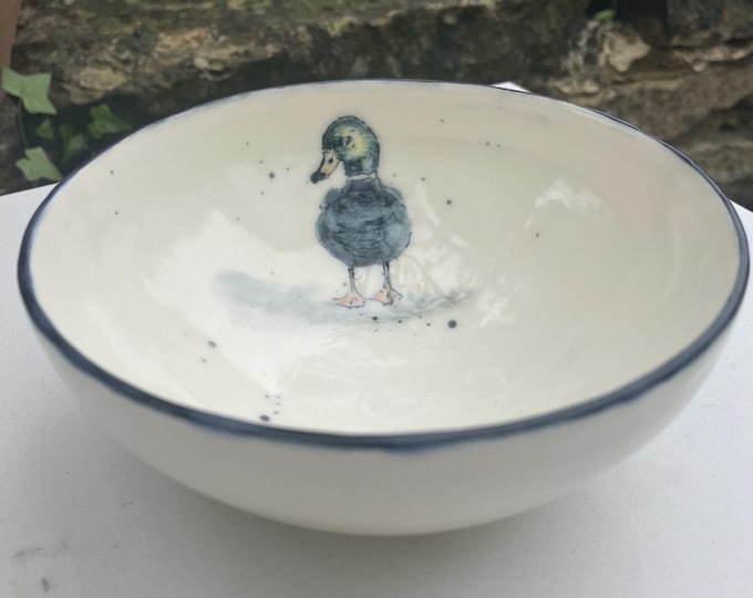 Handmade  small cream coloured ceramic bowl with hand painted duck design for trinkets, dips, snacks, or decorative item. Free U.K. delivery