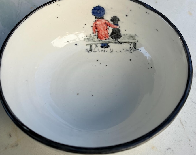 Handmade Ceramic Bowl: Hand Painted Lady and Dog Design - Decorative Dish