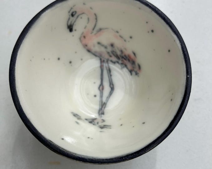 Handmade  very small cream coloured ceramic ring jewellery bowl with hand painted flamingo design.