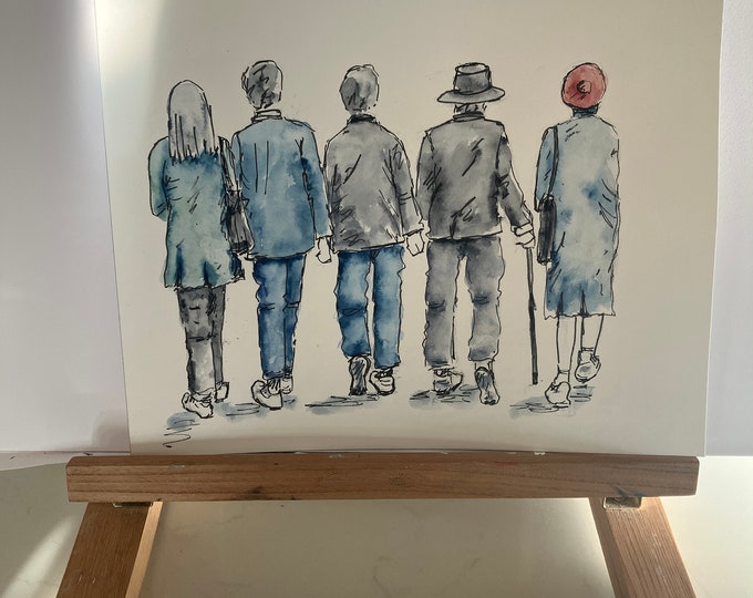 Original artwork -“Strolling” -ink &  watercolour painting  on acid free 100% cotton paper- on bright white mount. Size 10x12 inches