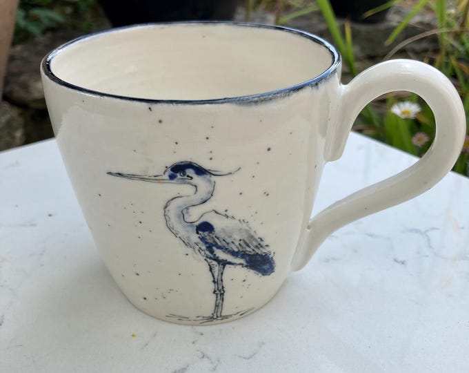 Hand Painted Heron Coffee Cup: Handmade Ceramics