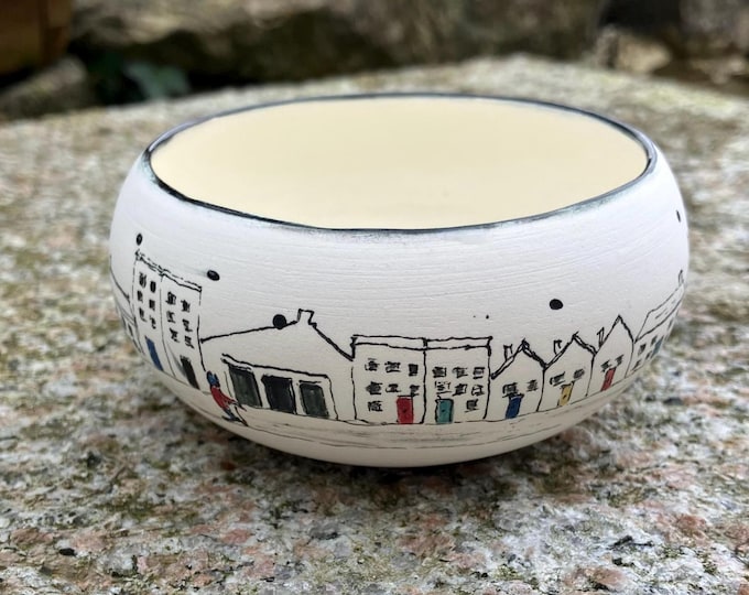 Handmade  small ceramic cream coloured bowl tea light holder with hand painted ‘old town’ design for tea lights, dips or decorative item.
