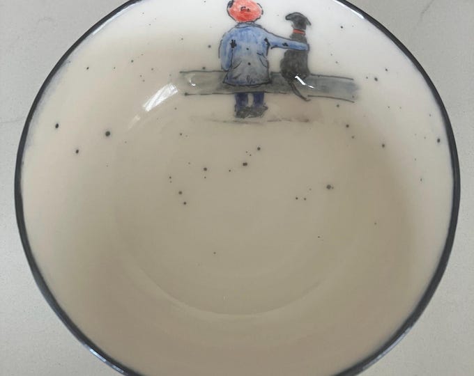 Handmade  small cream coloured ceramic bowl with hand painted lady and her dog  design for trinkets, dips, snacks, or decorative item.