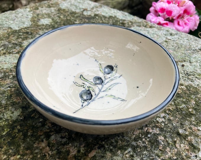 Handmade  small cream coloured ceramic bowl with hand painted olive branch design for dips, snacks, or decorative item.