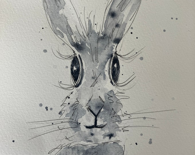 Original artwork of a Hare - pen & watercolour painting on acid free 100% cotton paper - on a bright white mount. Size 10x12. Free delivery.