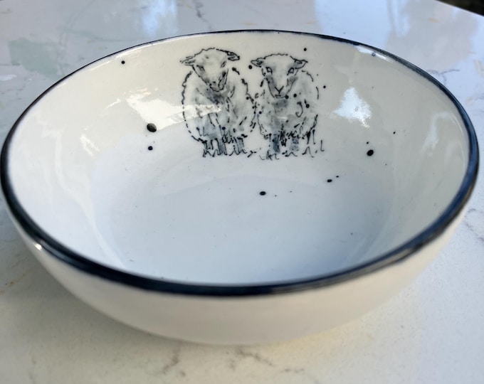 Handmade Ceramic Bowl: Hand Painted Sheep Design Cream Colour Trinket Dish