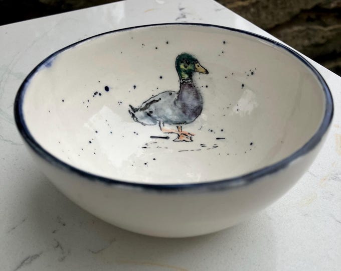Handmade Ceramic Bowl: Cream Colour- Hand Painted Duck Design