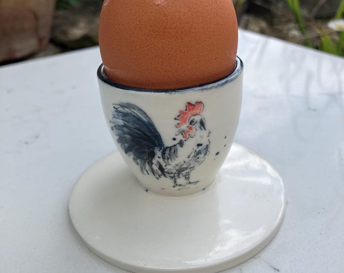 Handmade Ceramic Egg Cup: Wheel Thrown Hand Painted Cockerel Design