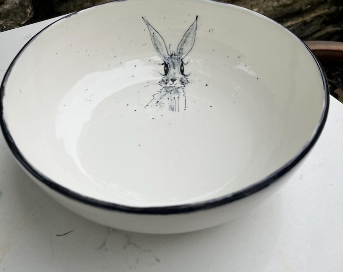 Handmade Ceramic Bowl: Hand Painted Hare Design - Cream Colour -Medium Bowl Pasta Bowl