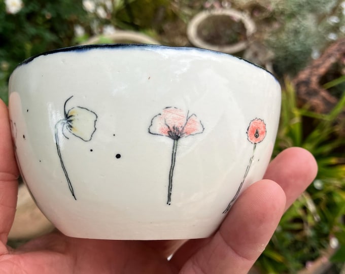 Handmade Ceramic Bowl: Cream Colour with Hand Painted Wildflower Design