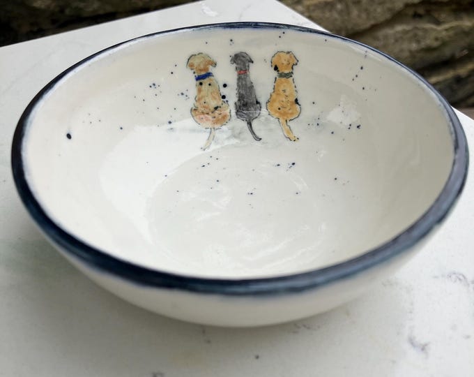 Handmade Ceramic Bowl: Hand Painted ‘3 Dogs’ Design - Cream Colour - Trinket Bowl