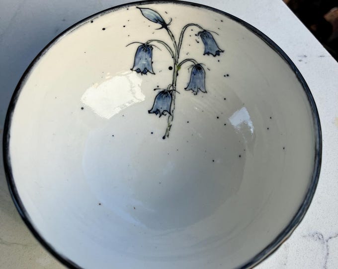 Handmade Ceramic Bowl: White Colour with Hand Painted Bluebell Wildflowers Design
