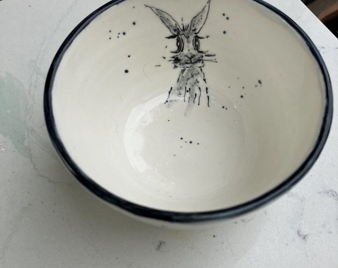 Handmade Ceramic Bowl: Hand Painted Hare Design - Cream Colour -Small Bowl