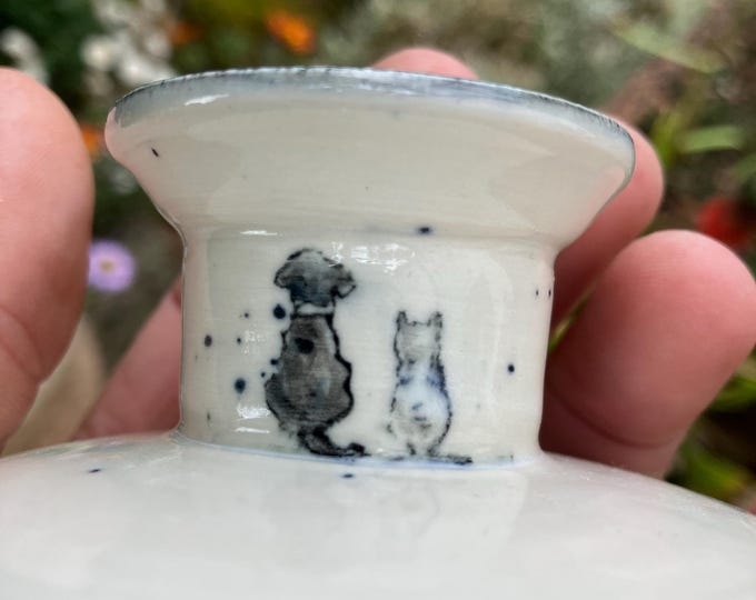 Handmade Ceramic Candlestick Holder: Hand-Painted Dog & Cat Design