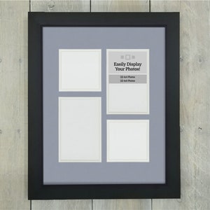 May include: Black picture frame with a gray mat and four openings for photos. The frame has a label that reads "Easily Display Your Photos!" with the dimensions of the photos listed below: "(2) 4x6 Photos" and "(2) 4x4 Photos".
