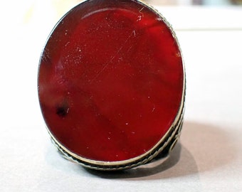 Carnelian Silver Turkmen Ring Afghan Large Tribal Vintage Glass Inlay Decoration