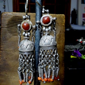 Antique Kazak Kyrghyz C Asia Silver Coral Bird Cage Earrings Important Provenance