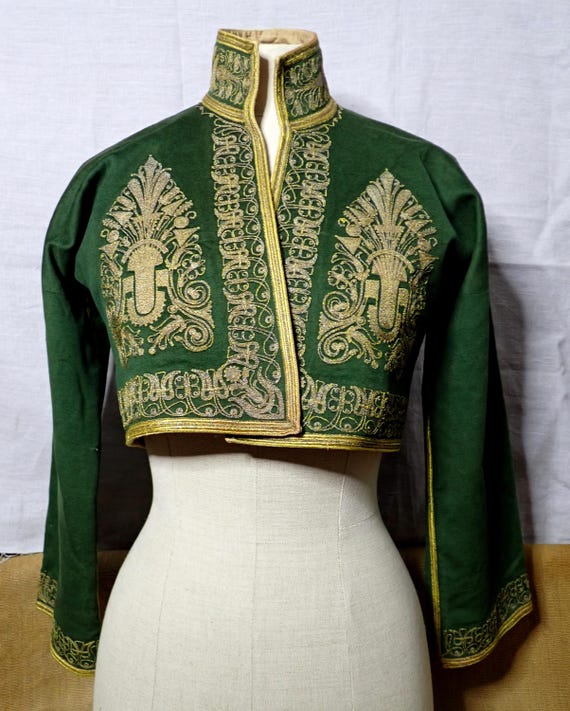 Ottoman Provinces Balkans Woollen Green Coat with Couching Gold Thread Embroidery High Collar