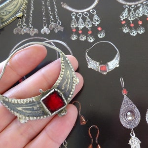 2 Antique Ida Ou Nadif, Morocco Old Silver & Red glass Berber Earrings Ethnic