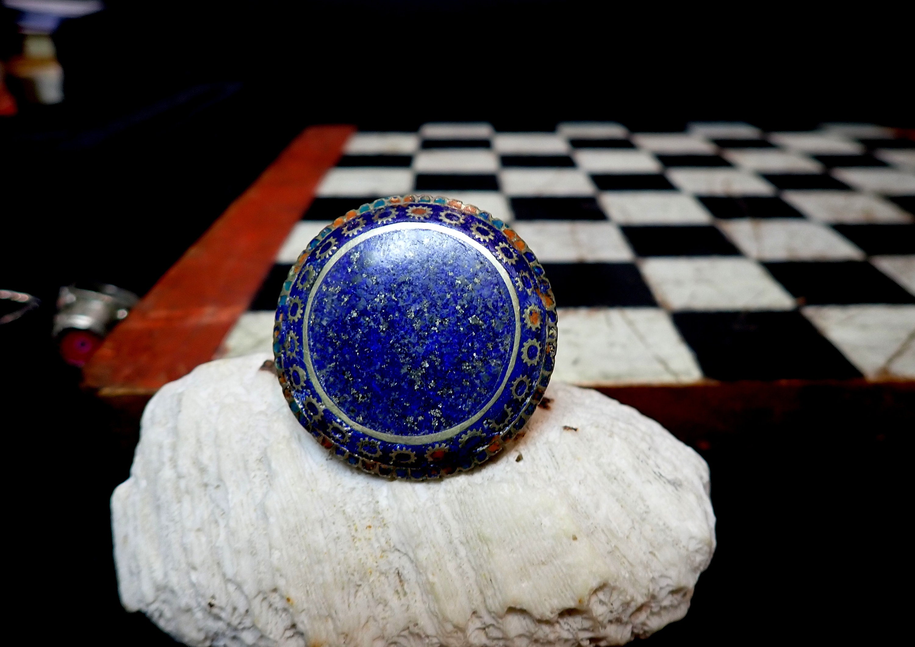 Multan Enamel Lapis Sindh Silver Ring Pakistan Antique Large Tribal Ring