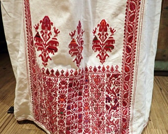 Palestinian Bedouin Dress Antique Ramleh Region Red Embroidery on White Hand woven Cotton